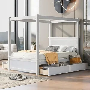 Wood Canopy Bed with 4 Drawers