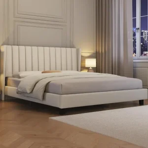 Soft padded platform bed with fabric headboard